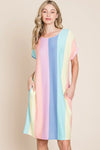 BOMBOM Striped Short Sleeve Dress with Pockets - DAVERRI FASHIONS