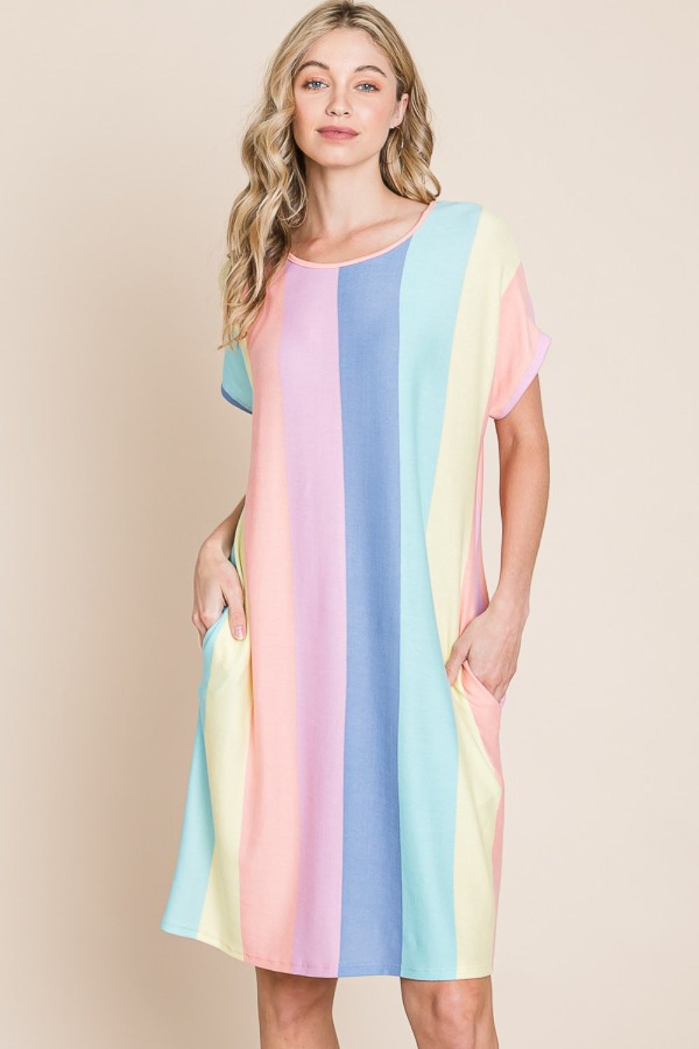 BOMBOM Striped Short Sleeve Dress with Pockets Stripe