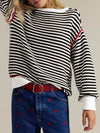 Striped round neck long sleeve sweater in black and white with red trim