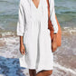 Full size tied three-quarter sleeve mini dress in soft white linen with V-neck