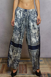 IVORY NAVY FLORAL POL Floral Printed Woven Wide Leg Drawstring Pants | Pants Daverri Fashions