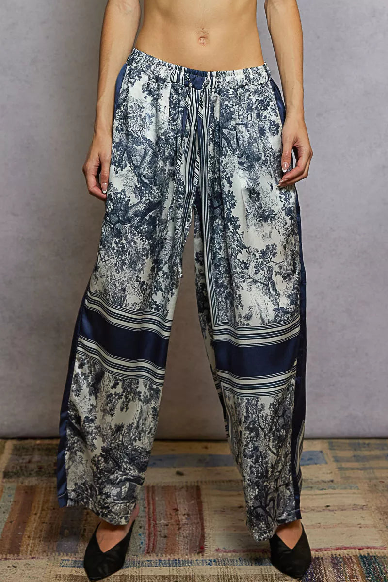 IVORY NAVY FLORAL POL Floral Printed Woven Wide Leg Drawstring Pants | Pants Daverri Fashions