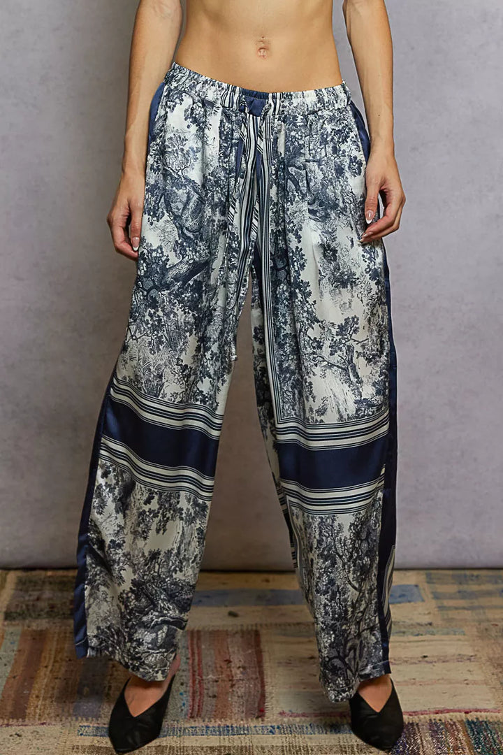 IVORY NAVY FLORAL POL Floral Printed Woven Wide Leg Drawstring Pants | Pants Daverri Fashions