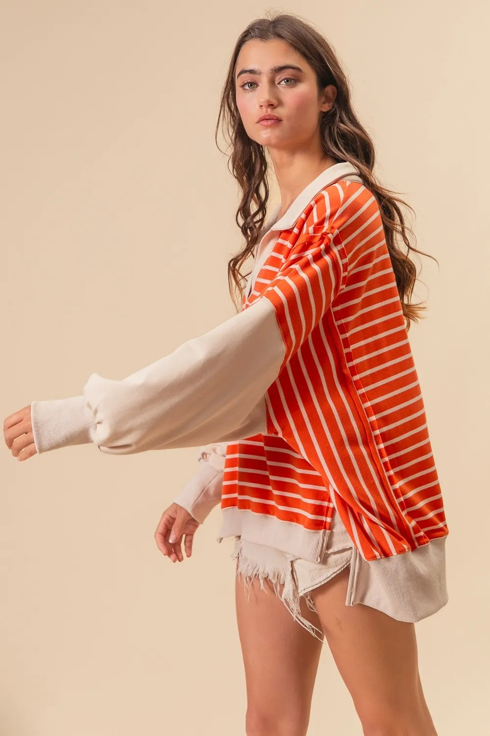 BiBi Stripe Knit Loose Fit Top With Cut Edge Detail Tops