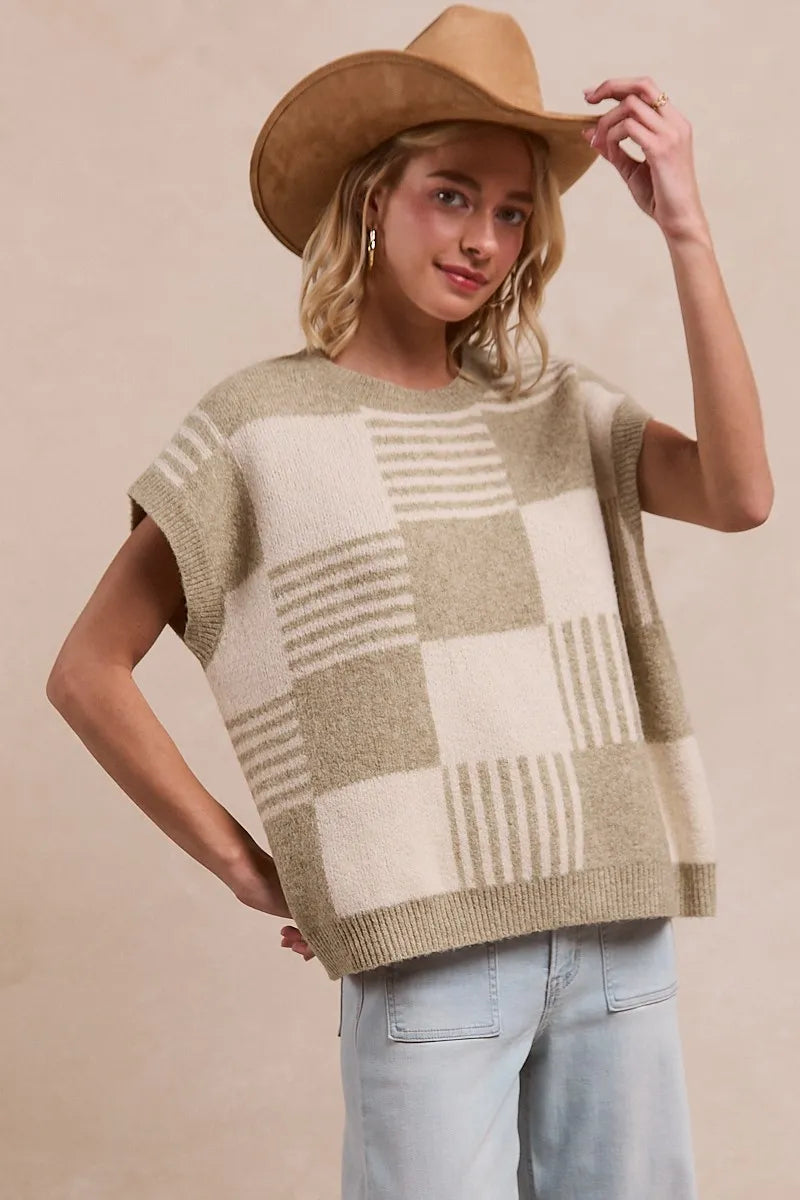 BiBi Checker With Stripes Sleeveless Sweater in beige and white