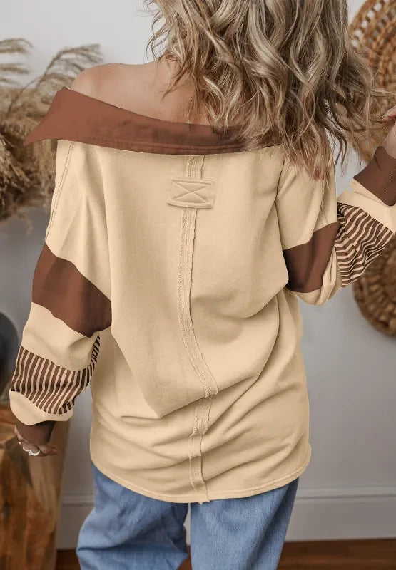 Daverri Fashions Color Block Johnny Collar Long Sleeve Sweatshirt - DAVERRI FASHIONS