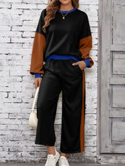 Black Color Block Round Neck Top and Pants Set | Loungewear Sets Daverri Fashions
