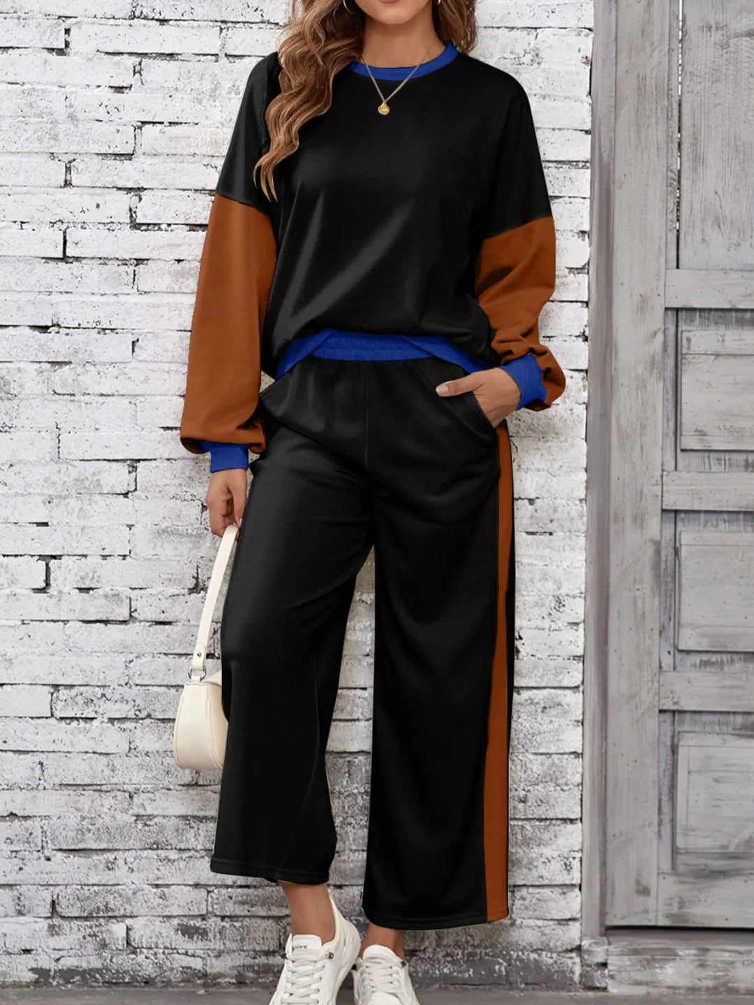 Black Color Block Round Neck Top and Pants Set | Loungewear Sets Daverri Fashions