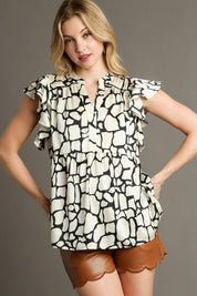 Black Umgee Full Size Two Tone Animal Print Notched Ruffle Cap Sleeve Blouse Plus Size | Blouses Daverri Fashions
