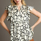 Umgee Full Size Two Tone Animal Print Notched Ruffle Cap Sleeve Blouse Plus Size Black Blouses