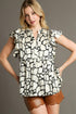 Umgee Full Size Two Tone Animal Print Notched Ruffle Cap Sleeve Blouse Plus Size Black Blouses