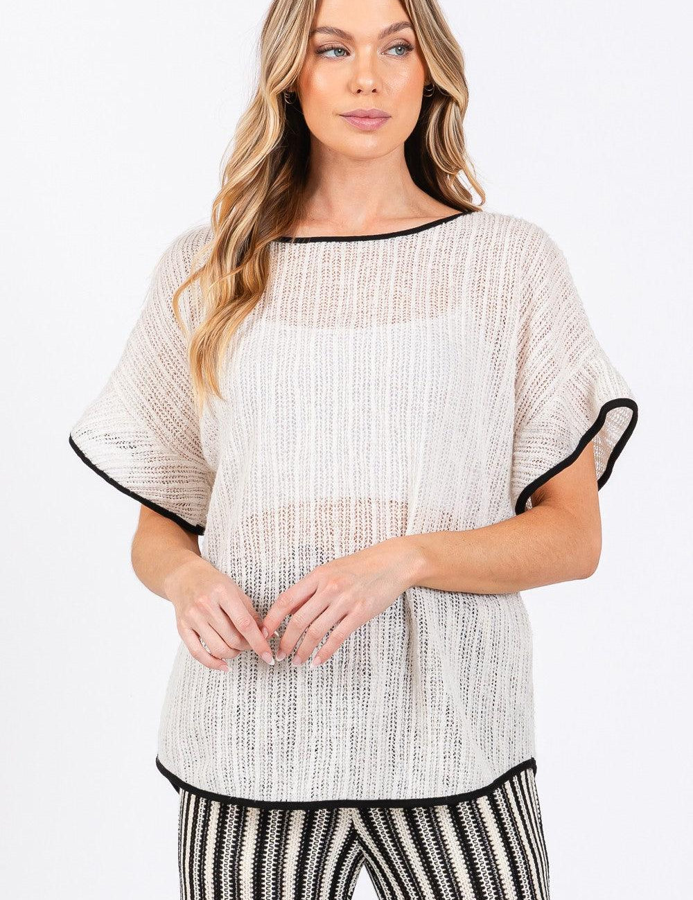 Cream Black GeeGee Contrast Trim Short Sleeve Knit Cover Up | Cover-Ups Daverri Fashions