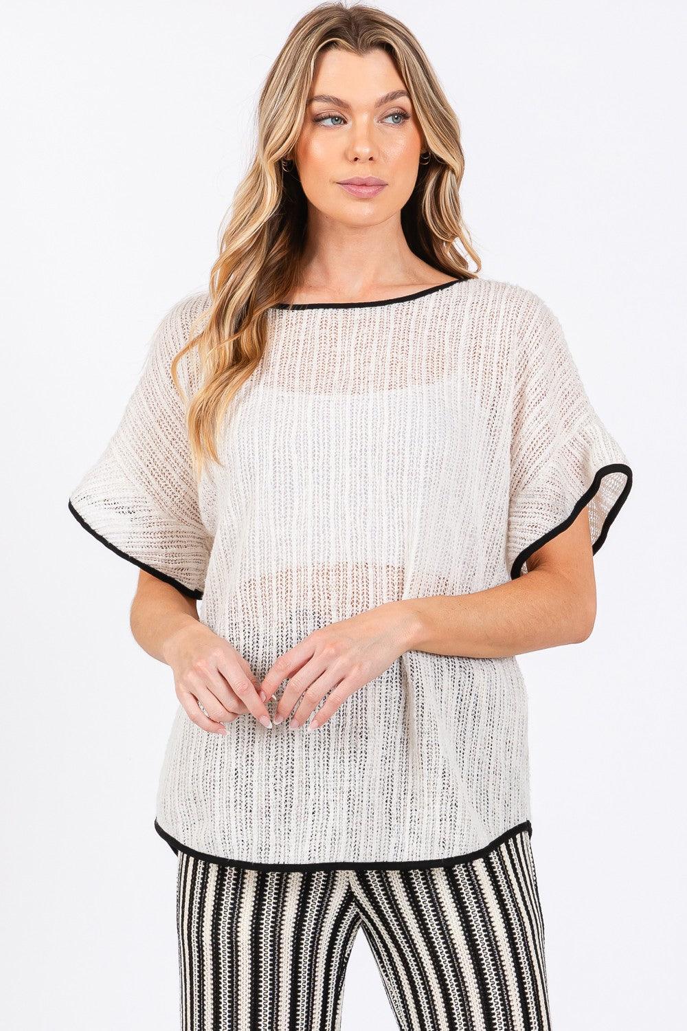 GeeGee Contrast Trim Short Sleeve Knit Cover Up Cream Black Cover-Ups