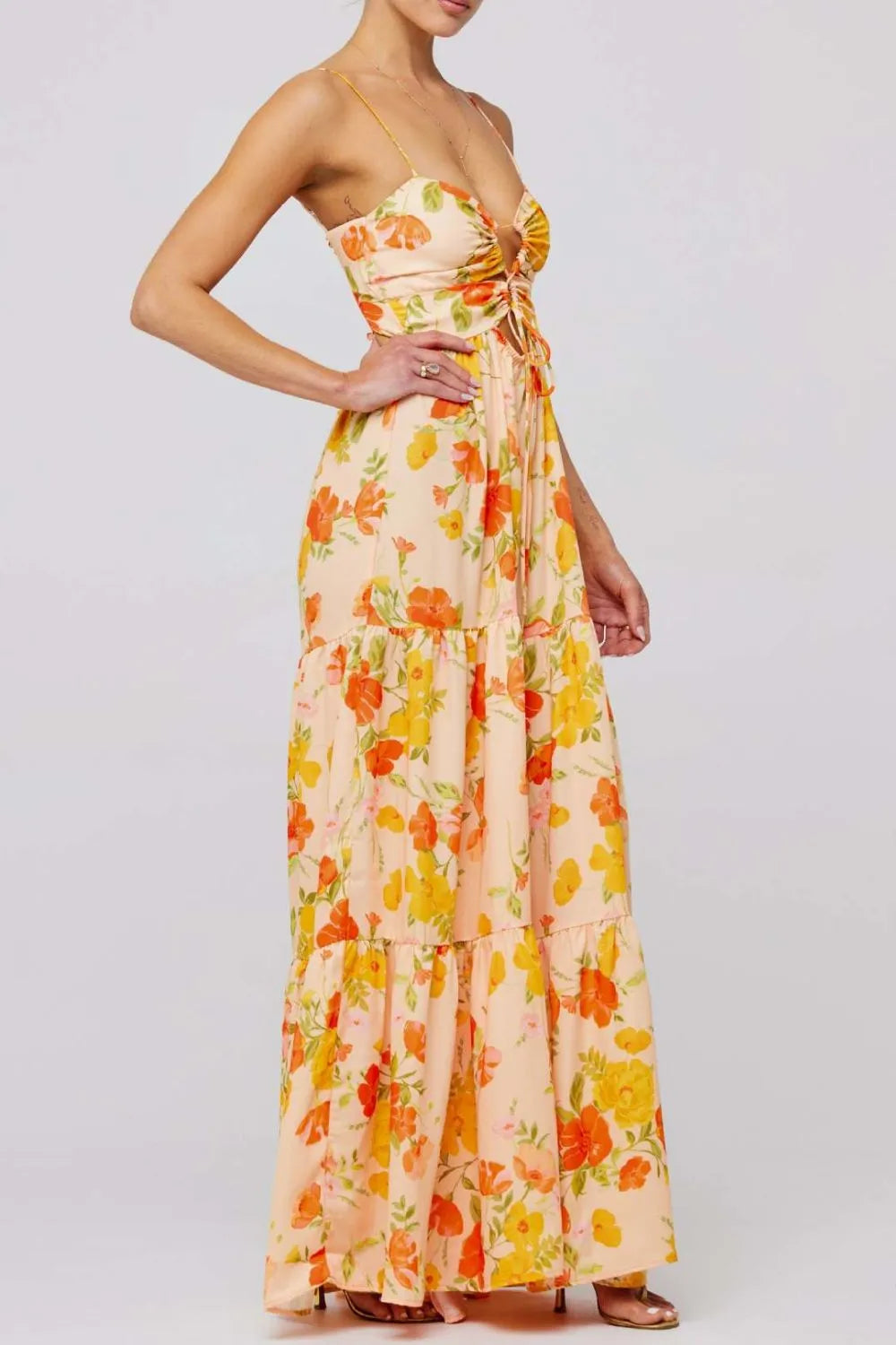 Floral print tie front tiered maxi dress in peach with vibrant flowers