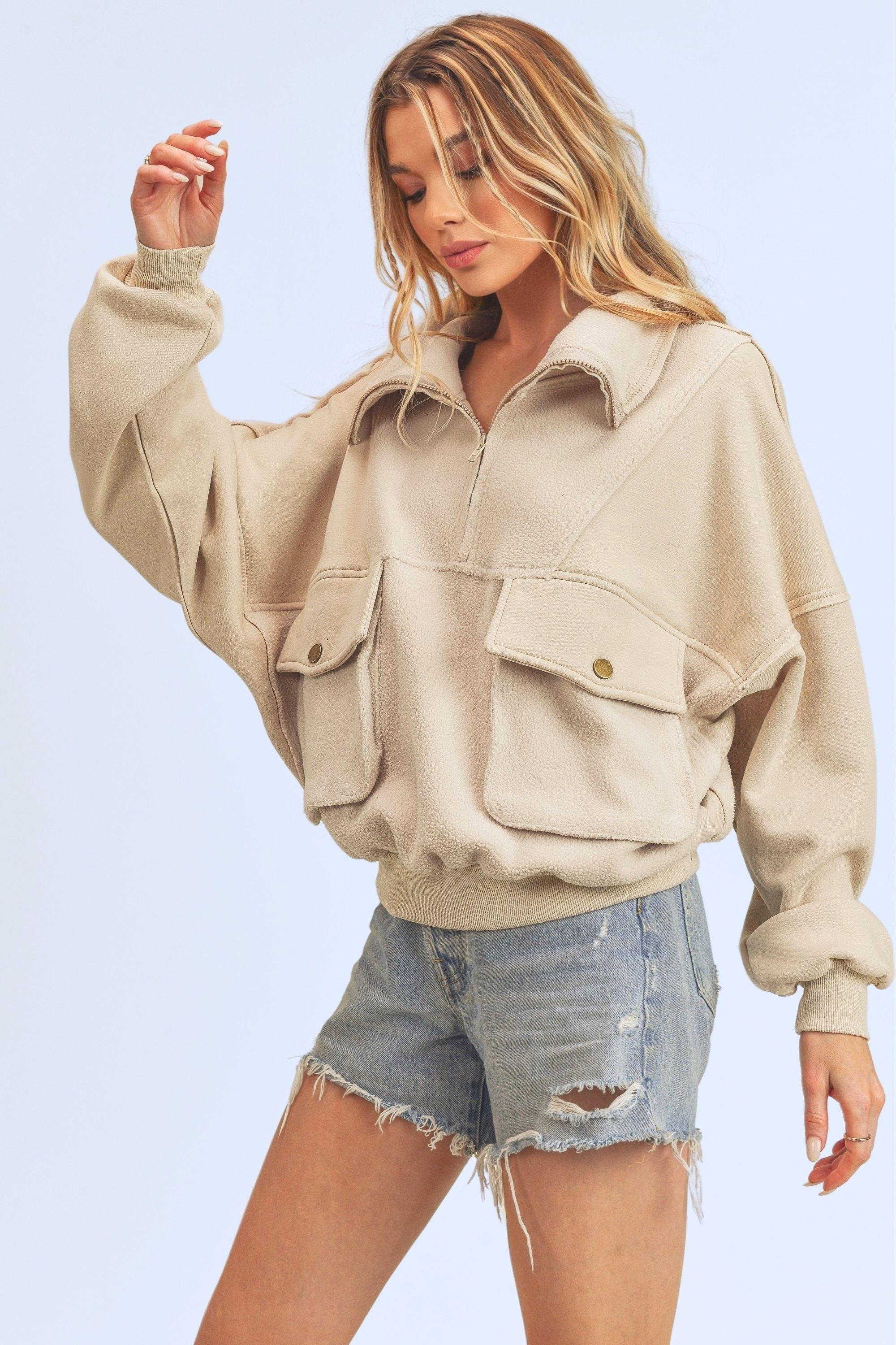 Aemi + Co Exposed Seam Half Zip Sweatshirt with Pockets Cream L Sweatshirts