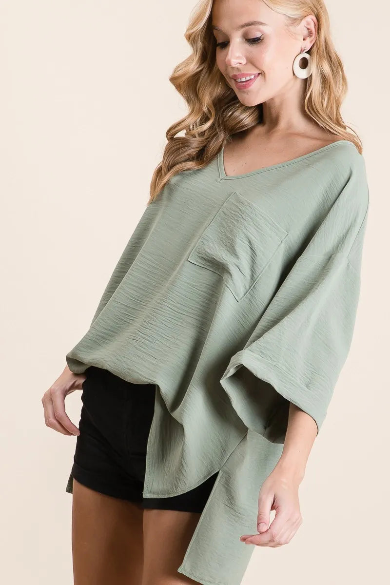 BiBi Flowy Woven V-Neck Top with Rolled Up Cuffs Tops