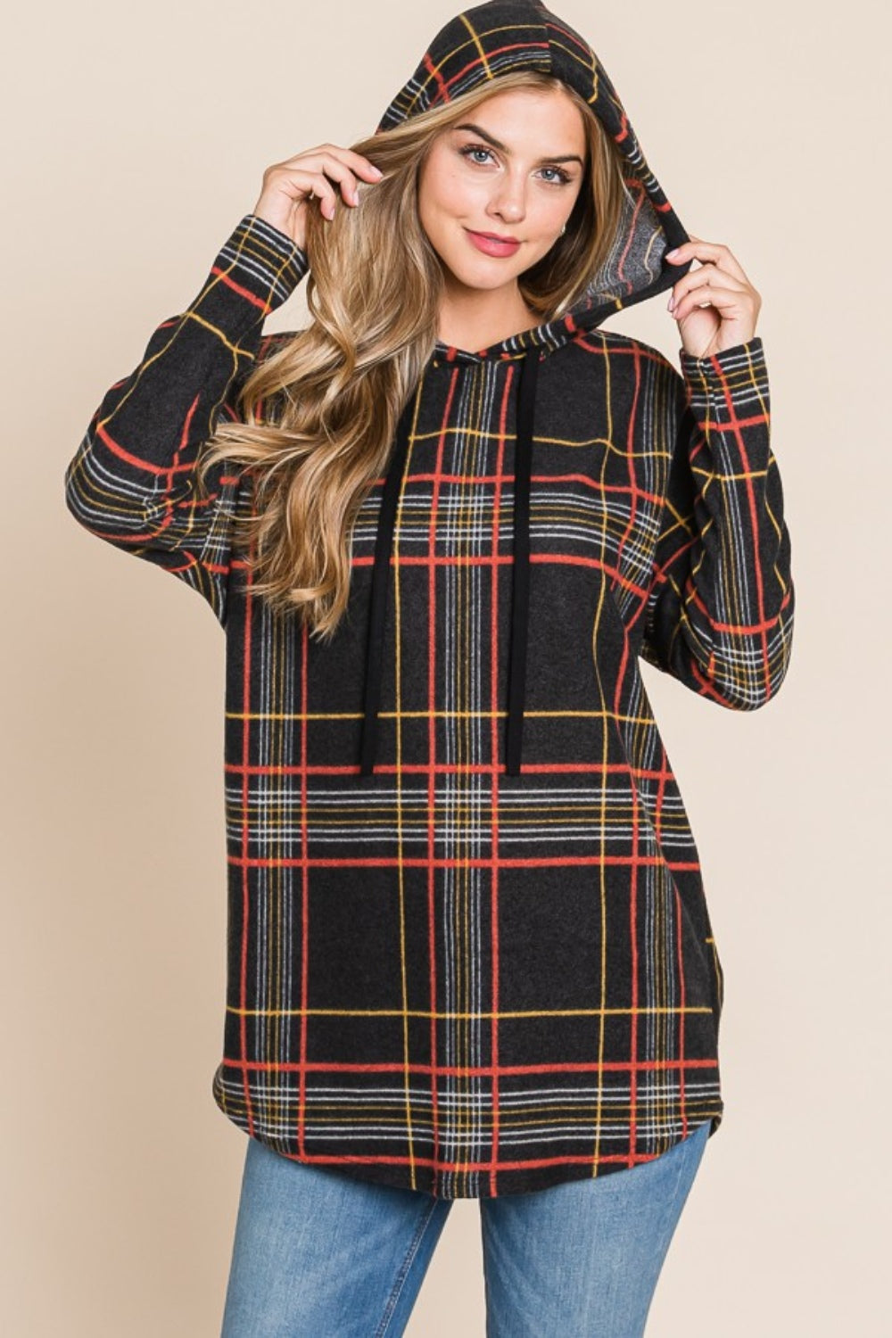 Black BOMBOM Drawstring Plaid Long Sleeve Hoodie | Daverri Fashions