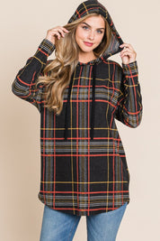 Black BOMBOM Drawstring Plaid Long Sleeve Hoodie | Daverri Fashions