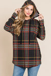 BOMBOM Drawstring Plaid Long Sleeve Hoodie - DAVERRI FASHIONS