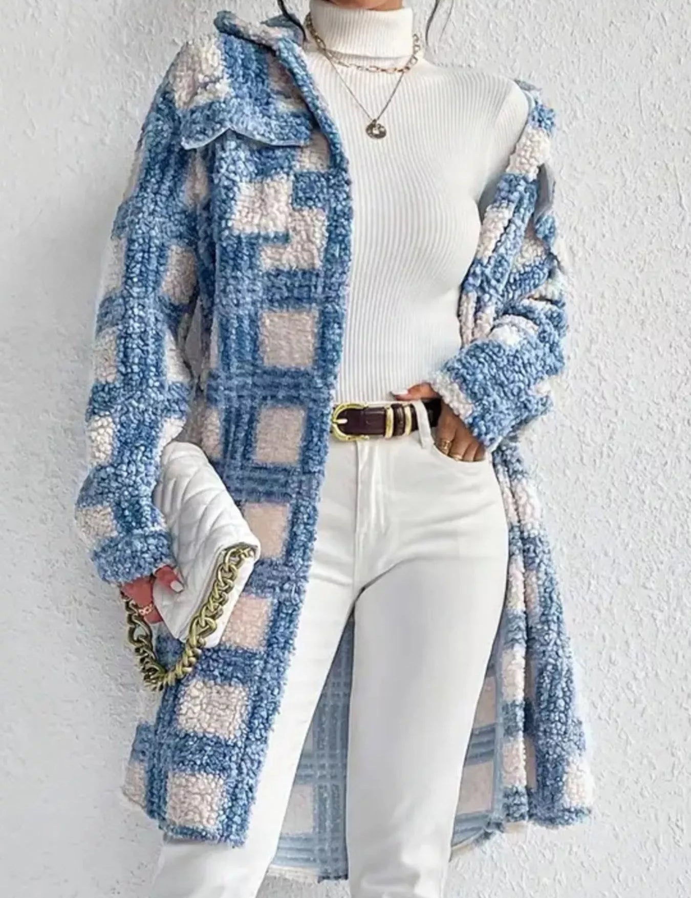 Sky Blue Plaid Button Up Long Sleeve Fleece Coat | Coats Daverri Fashions