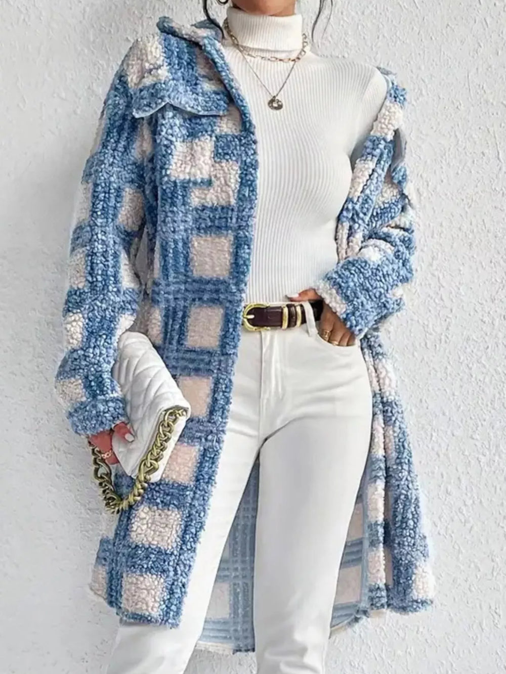 Sky Blue Plaid Button Up Long Sleeve Fleece Coat | Coats Daverri Fashions
