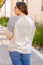 Beige Plaid Floral Peace Heart Graphic Wide Long Sleeve Top