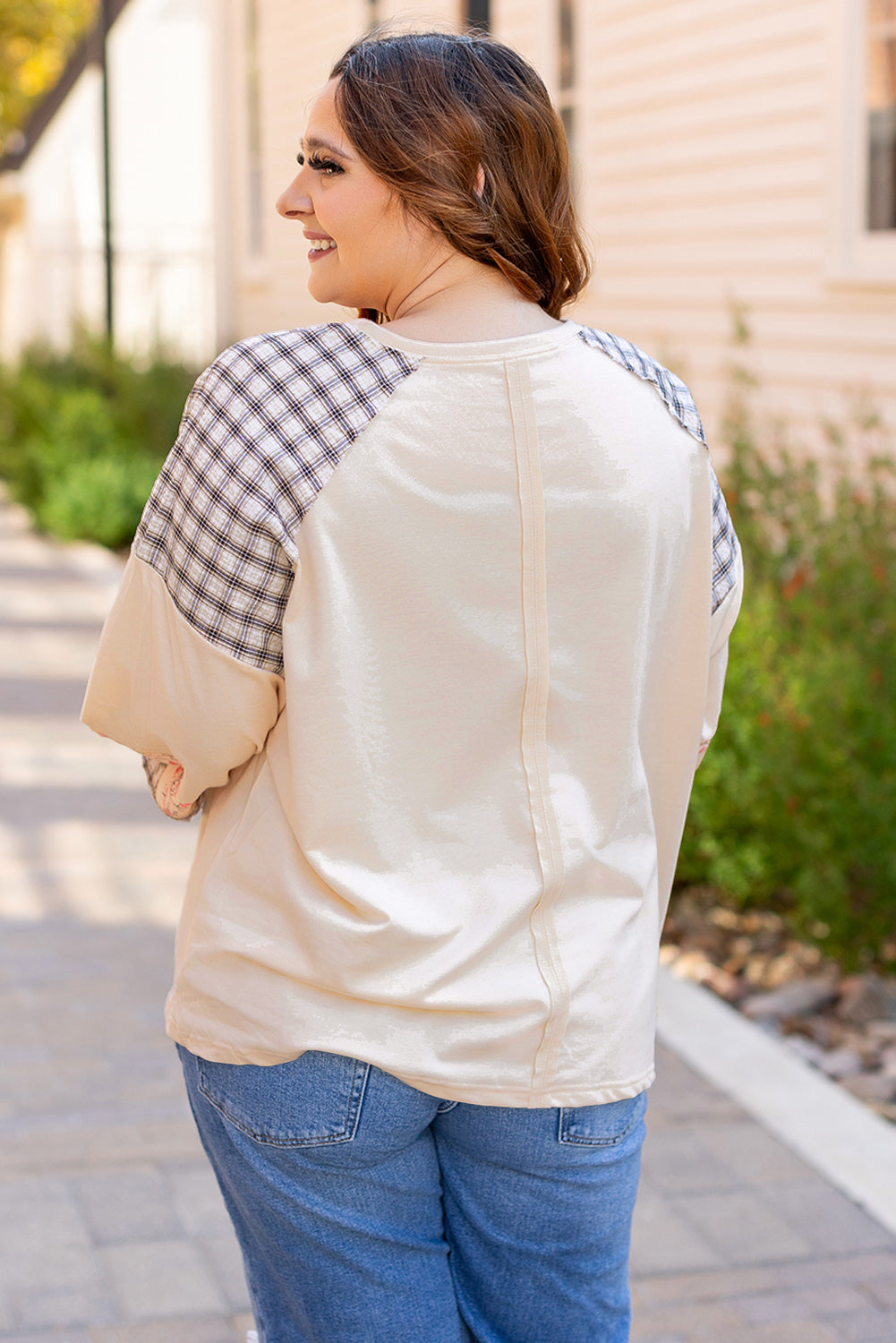Cream beige satin top with plaid raglan sleeves and peace heart graphic