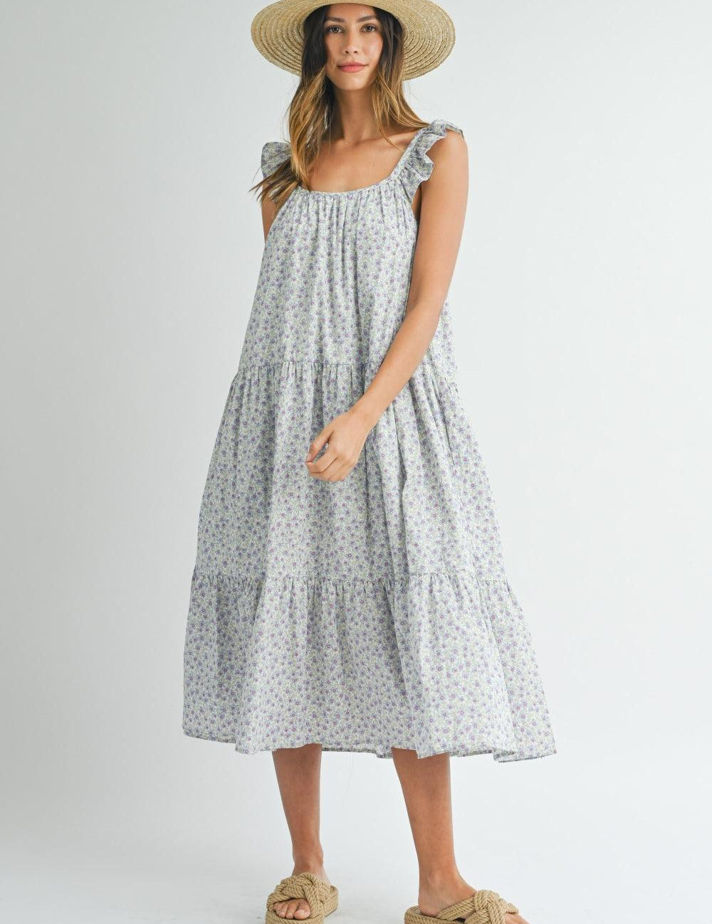 Blue MABLE Floral Ruffle Shoulder Tiered Midi Dress | Daverri Fashions