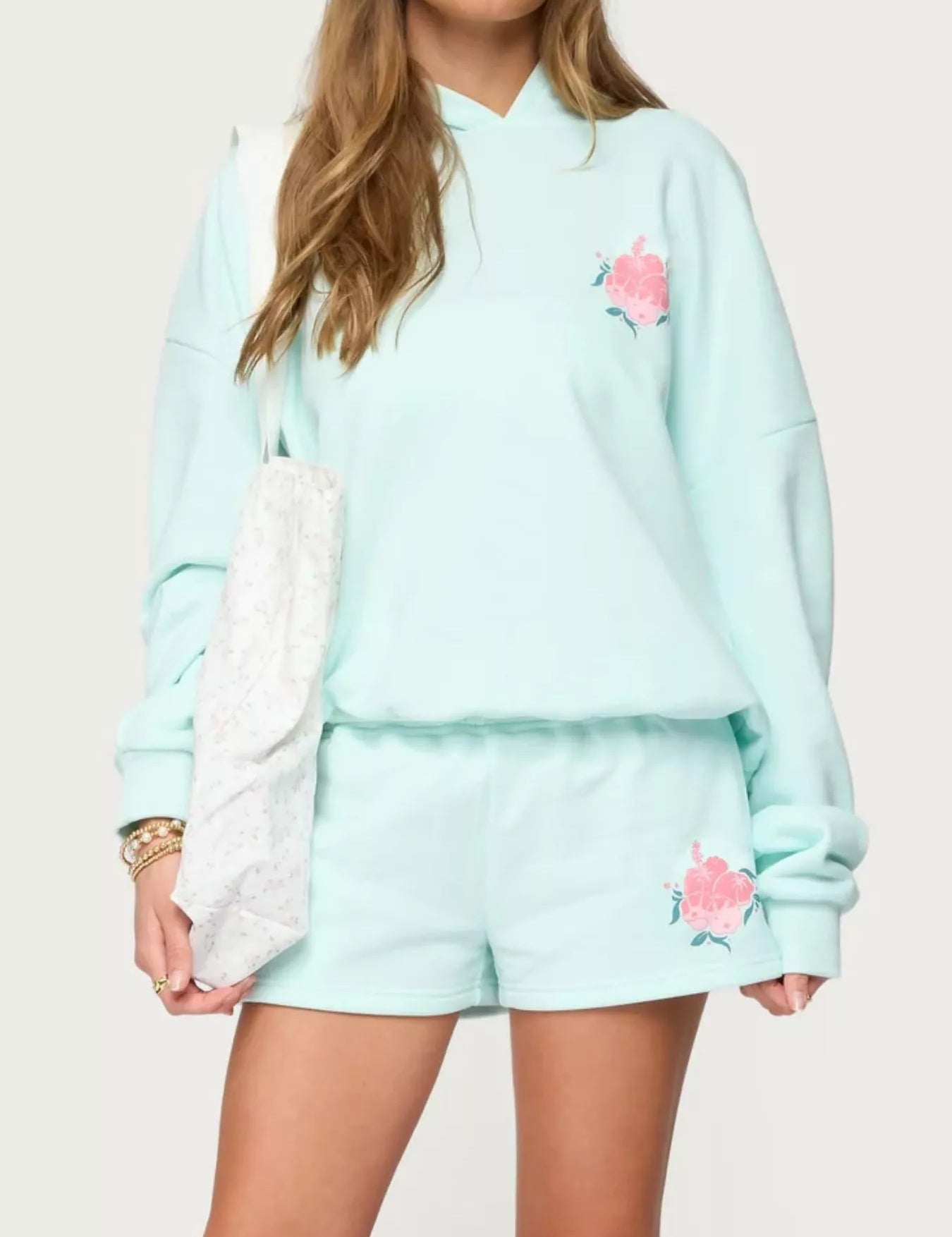 Mint Blue Drop Shoulder Graphic Hoodie with Kangaroo Pocket | Hoodies Daverri Fashions