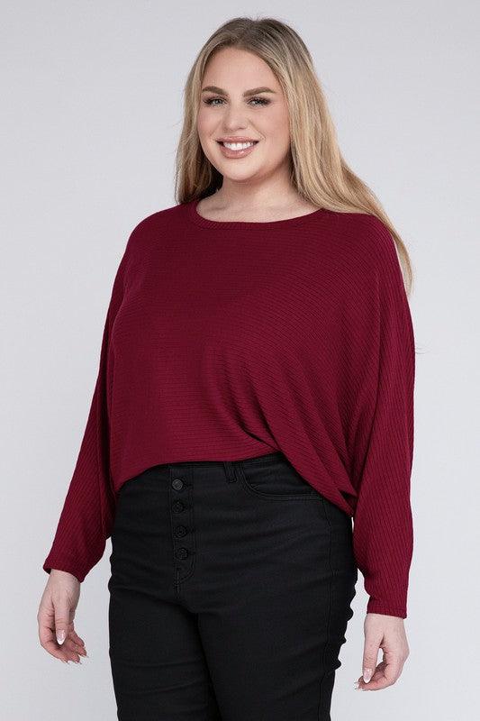 Zenana Plus Batwing Sleeve Knit Top-Casual Comfort Shirts & Tops