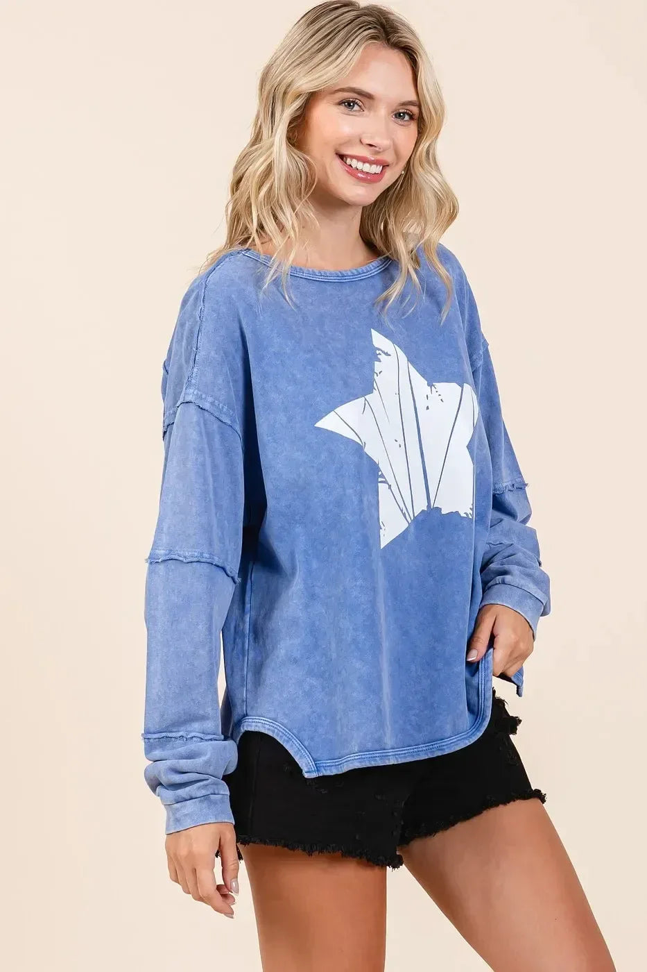 Mittoshop Star Graphic Mineral Wash Long Sleeve Top - DAVERRI FASHIONS