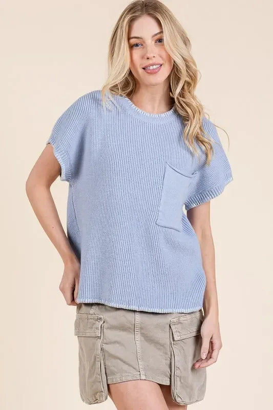 Lime 'N' Chili Solid Cap Sleeve Stitch Edge Knit Sweater - DAVERRI FASHIONS
