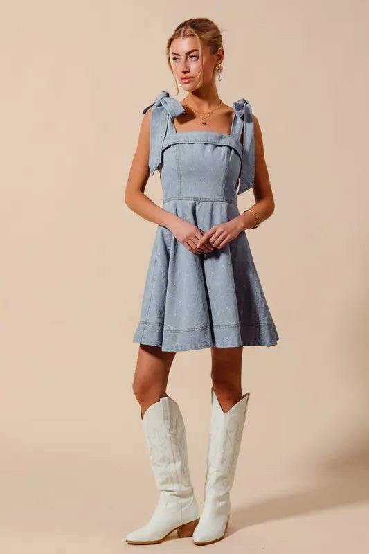 SO ME A Line Fit and Flare Diamond Bow Ribbon Denim Dres Mini Dresses