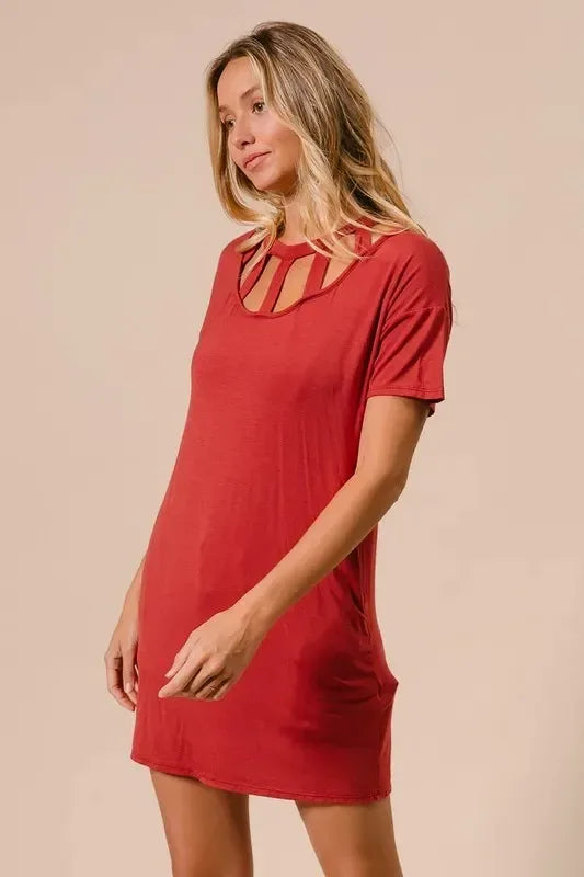 BiBi Front Cutout Mini Tee Dress with Pockets - DAVERRI FASHIONS