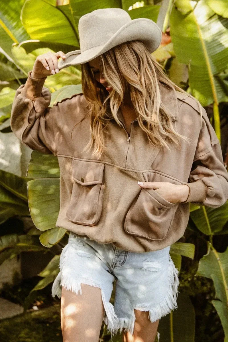 BiBi Half Zip Vintage Washed Fleece Pullover - DAVERRI FASHIONS