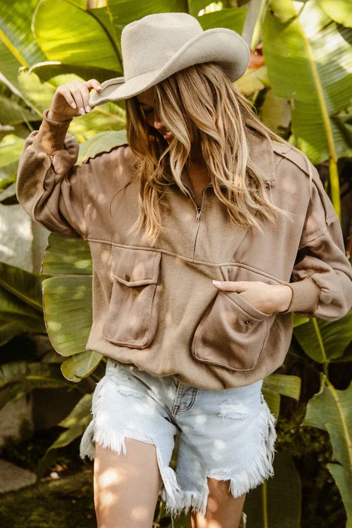 BiBi Half Zip Vintage Washed Fleece Pullover | Daverri Fashions