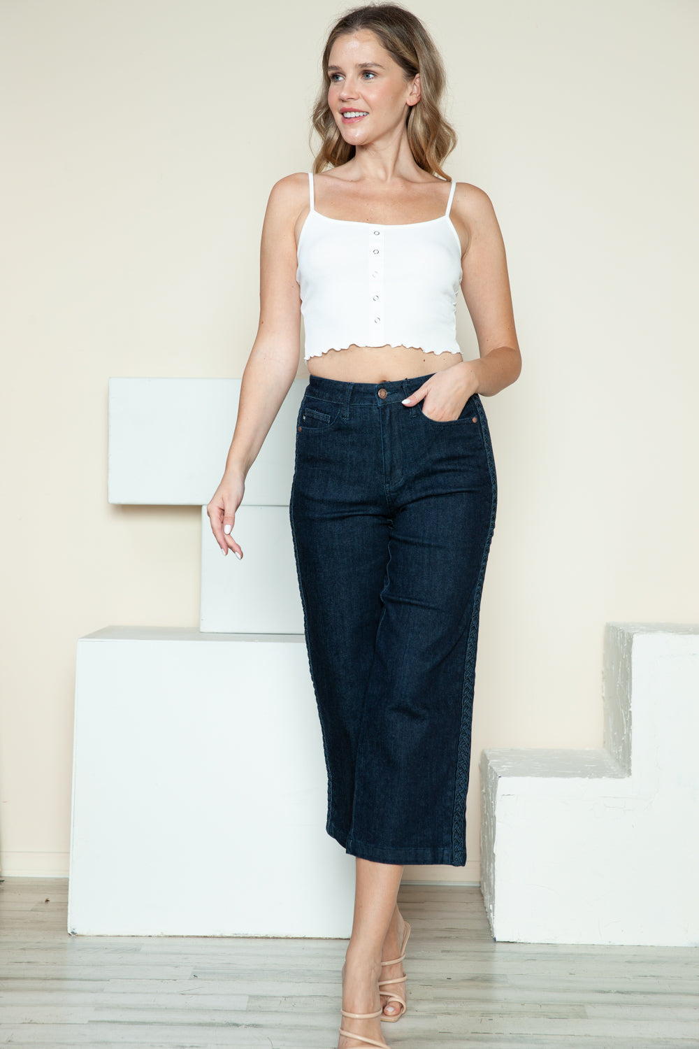 Judy Blue Full Size Side Seam Braid Detail Crop Wide Leg Jeans Jeans
