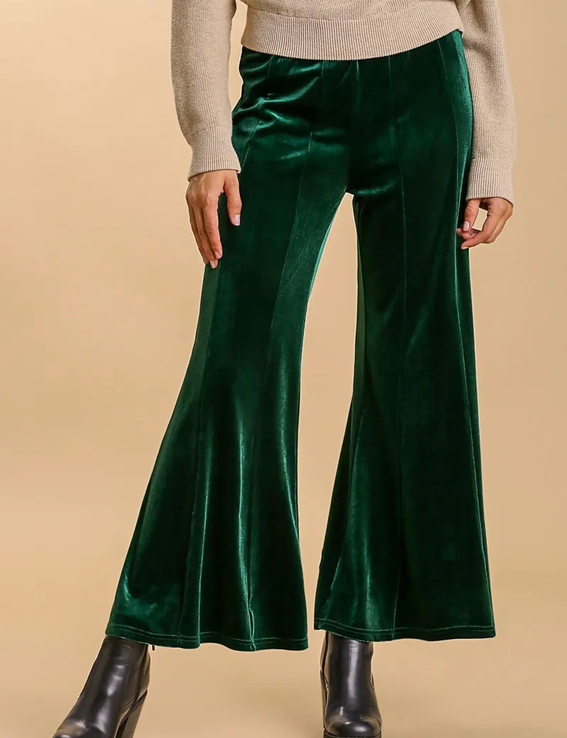 Dark Green Umgee High Rise Elastic Waist Flare Pants | Daverri Fashions
