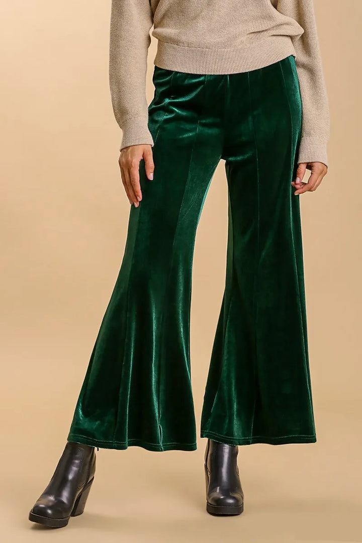 Umgee High Rise Elastic Waist Flare Pants Dark Green