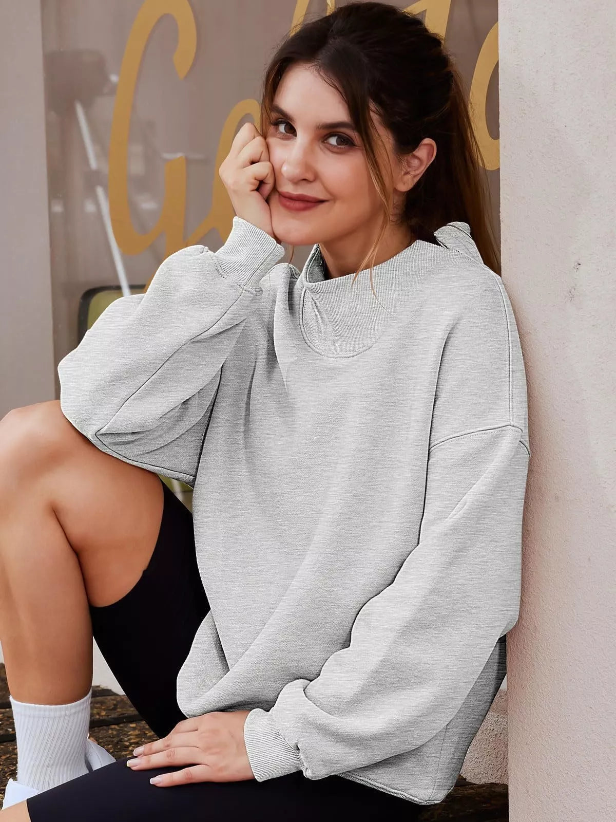 Mock neck dropped shoulder heather gray oversized sweatshirt