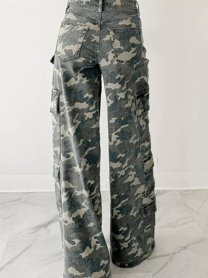 Camo Print Wide Leg Cargo Jeans - DAVERRI FASHIONS