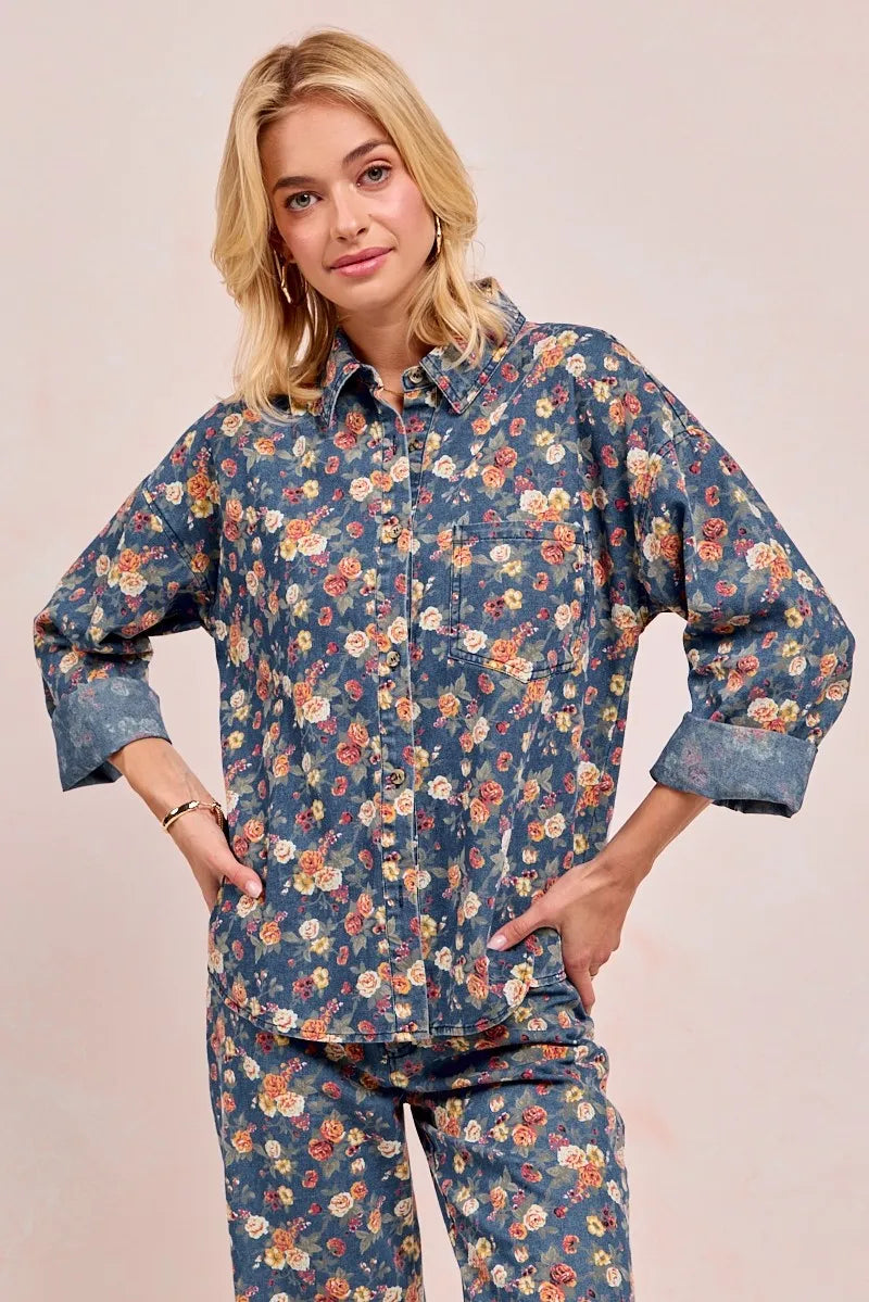 BiBi Washed Floral Print Denim Jacket Shackets