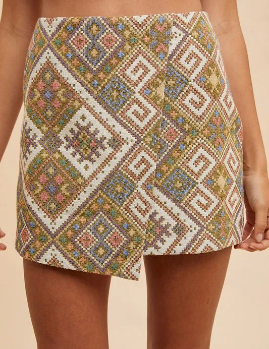 YELLOW GREEN MULTI Annie Wear Ethic Woven Jacquard Wrap Mini Skirt | Skirts Daverri Fashions