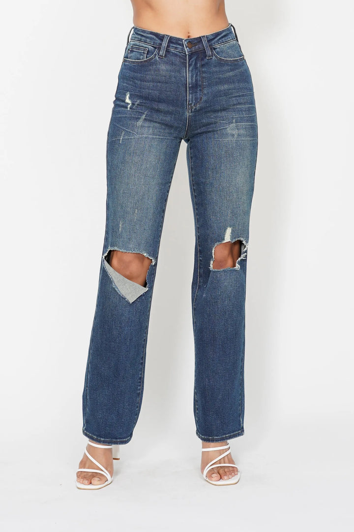 DK Judy Blue Full Size Hw Ripped Knee Dad Jeans Plus Size | Jeans Daverri Fashions
