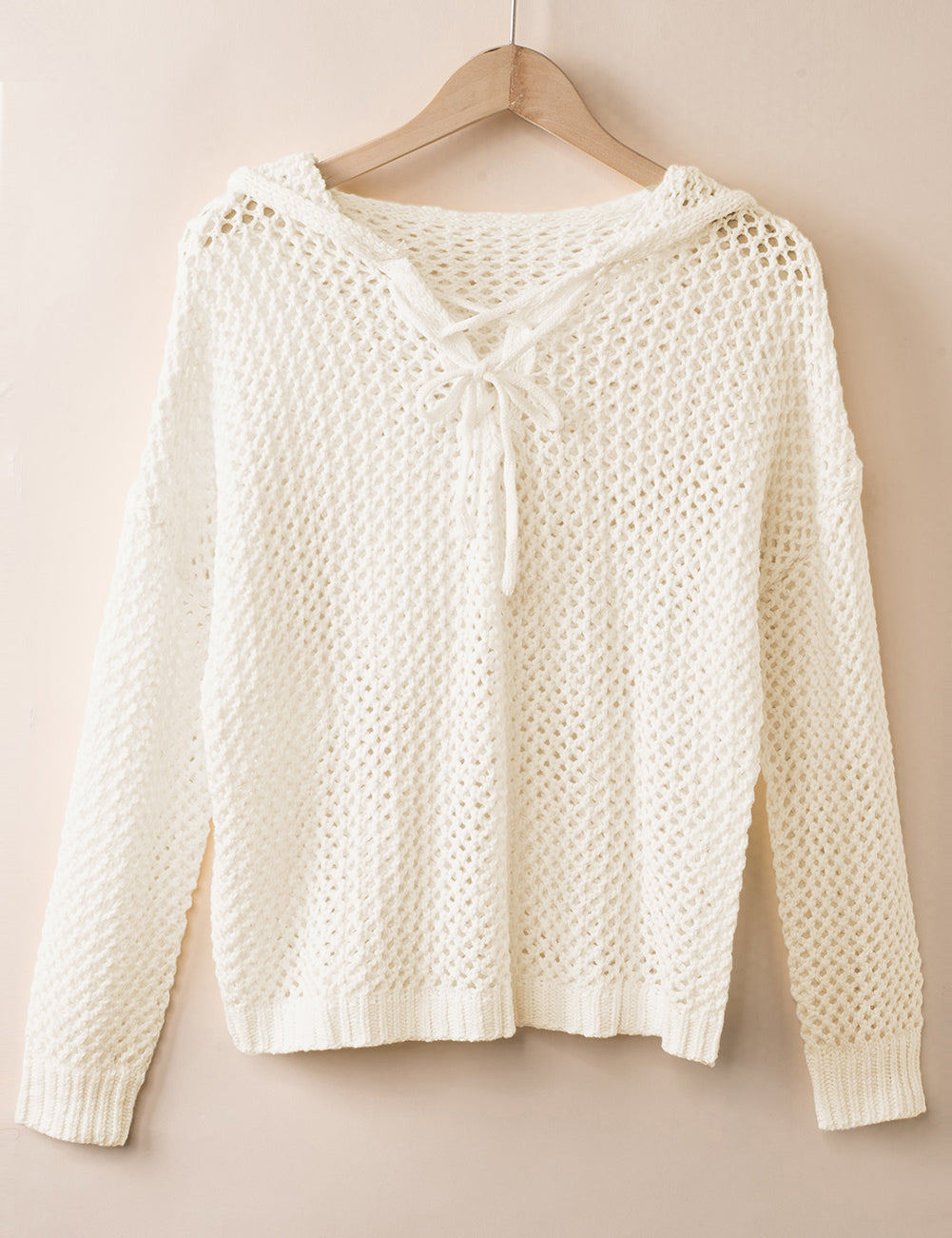 Cream Openwork Lace-Up Hooded Sweater | Daverri Fashions