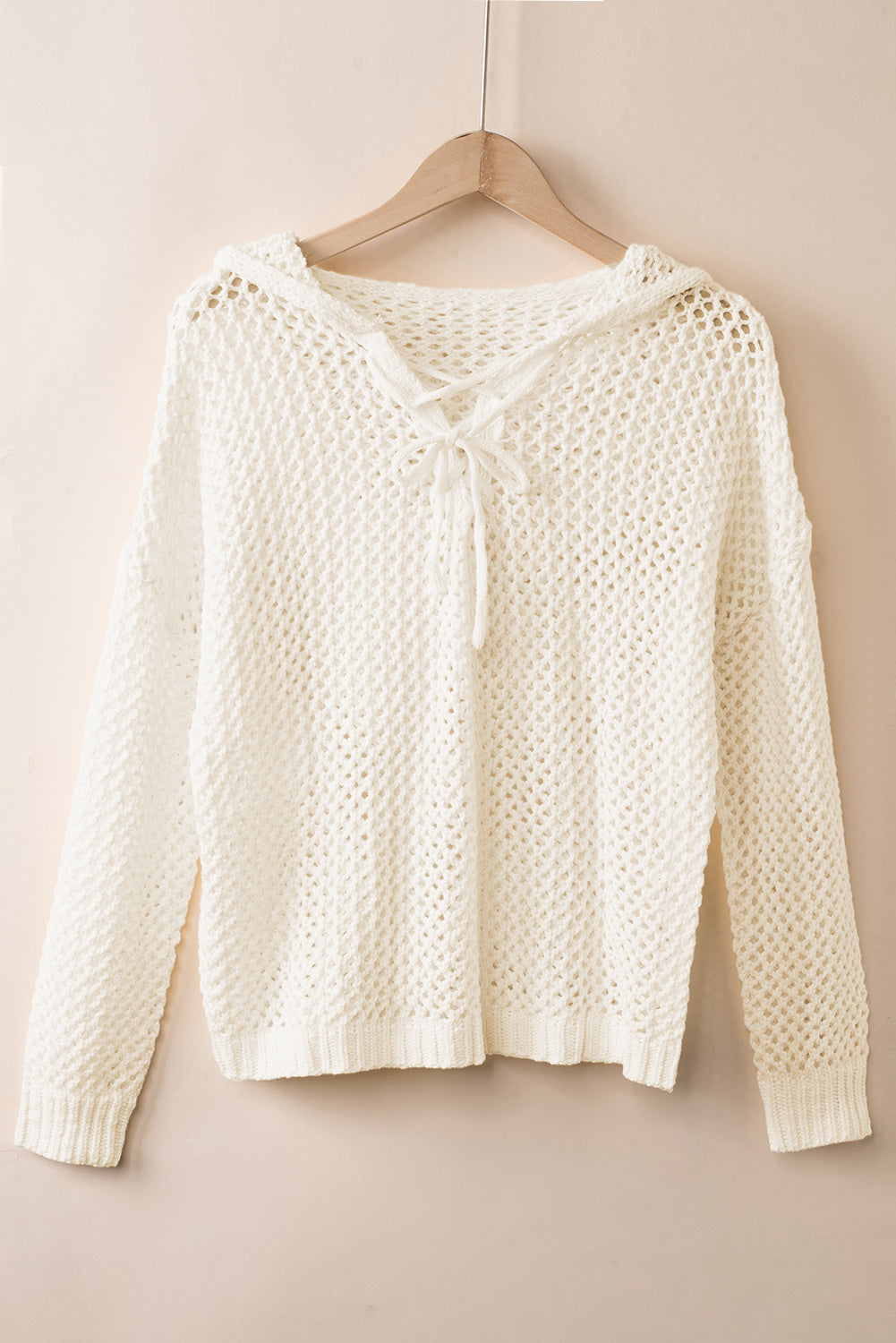 Cream Openwork Lace-Up Hooded Sweater | Daverri Fashions
