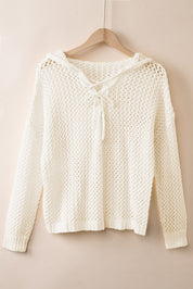 Cream Openwork Lace-Up Hooded Sweater | Daverri Fashions