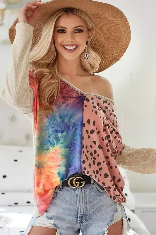 BiBi Print Block V Neck Top with Contrast Stitching - DAVERRI FASHIONS