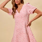 SO ME floral jacquard fit and flare mini dress in soft pink lace with v-neck and puffed sleeves