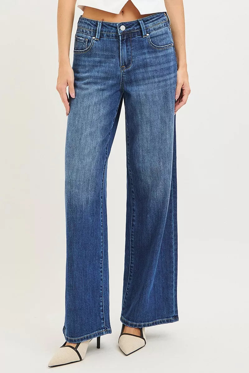 RISEN slouchy baggy mid-wash blue denim wide-leg jeans with pockets